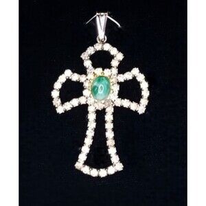 Vintage SARAVEL CZECH Cross White Rhinestone Green Glass Cabachon Pendant & Box